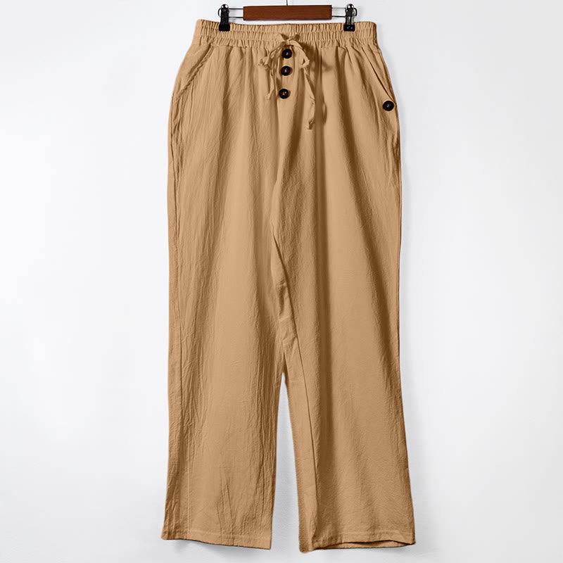 Solid Color Buttons Drawstring Men's Cotton Pants With Pockets