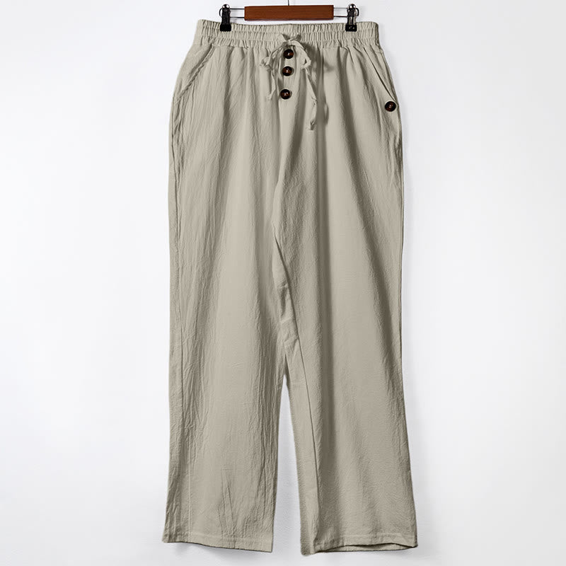 Solid Color Buttons Drawstring Men's Cotton Pants With Pockets