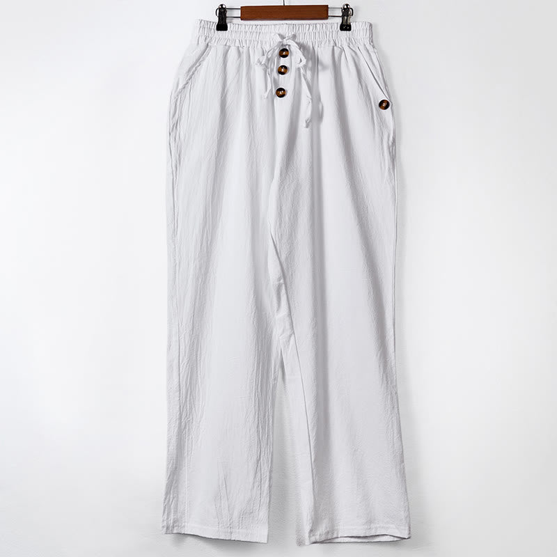 Solid Color Buttons Drawstring Men's Cotton Pants With Pockets