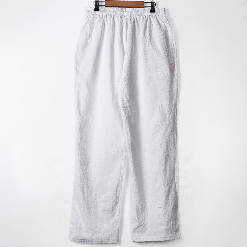 Solid Color Buttons Drawstring Men's Cotton Pants With Pockets