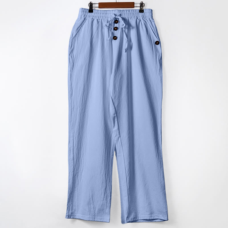 Solid Color Buttons Drawstring Men's Cotton Pants With Pockets
