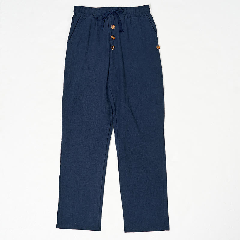 Solid Color Buttons Drawstring Men's Cotton Pants With Pockets