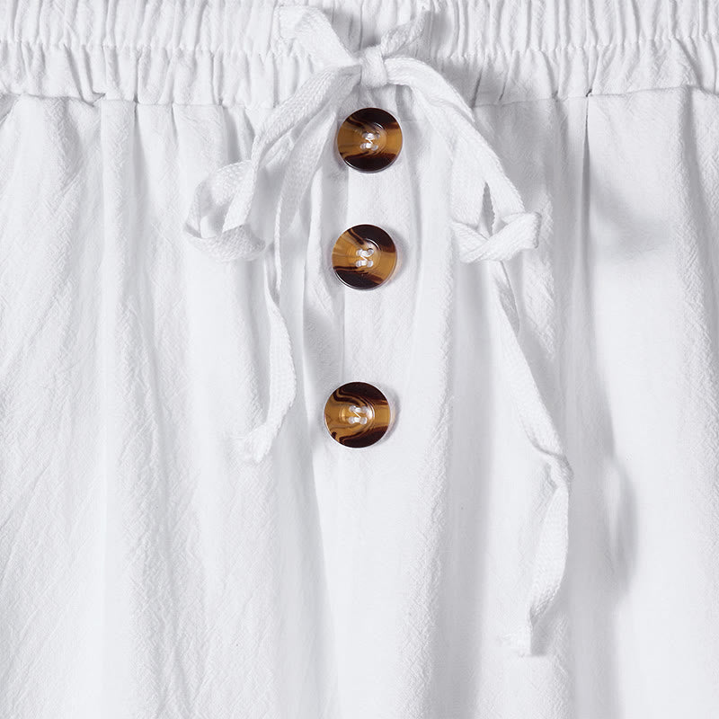 Solid Color Buttons Drawstring Men's Cotton Pants With Pockets