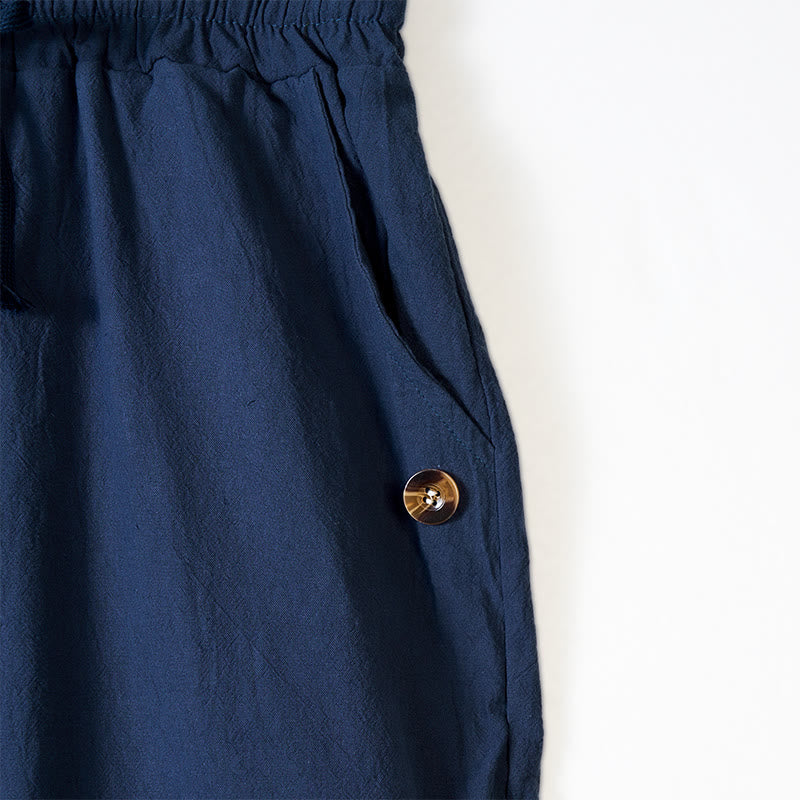 Solid Color Buttons Drawstring Men's Cotton Pants With Pockets