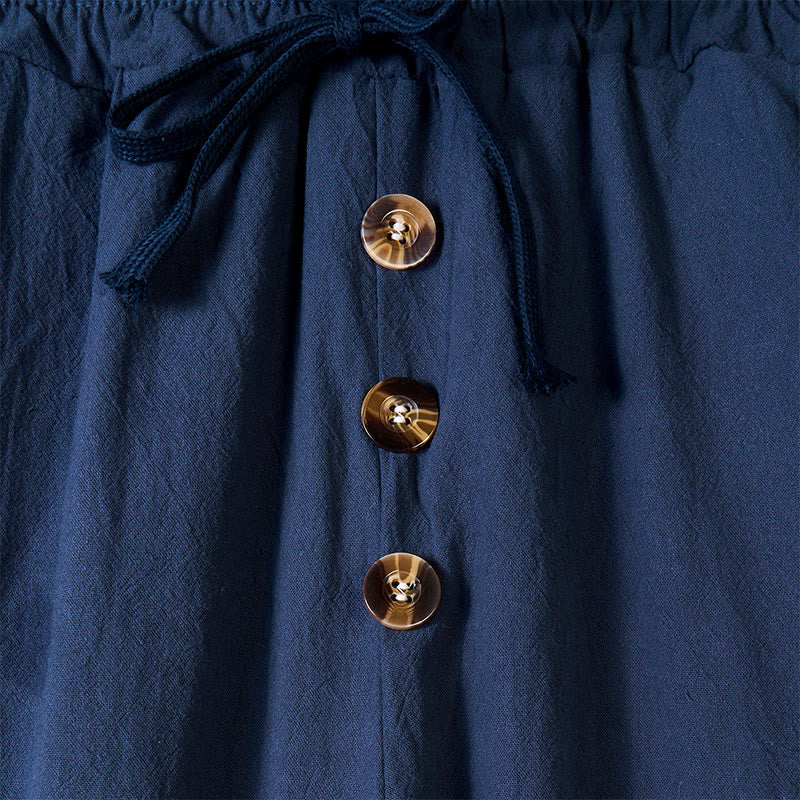 Solid Color Buttons Drawstring Men's Cotton Pants With Pockets