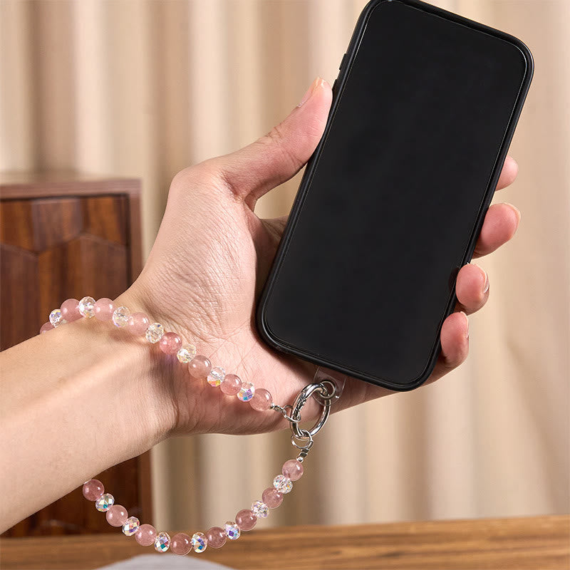 Natural Strawberry Quartz Beaded Phone Charm and Keychain Accessory