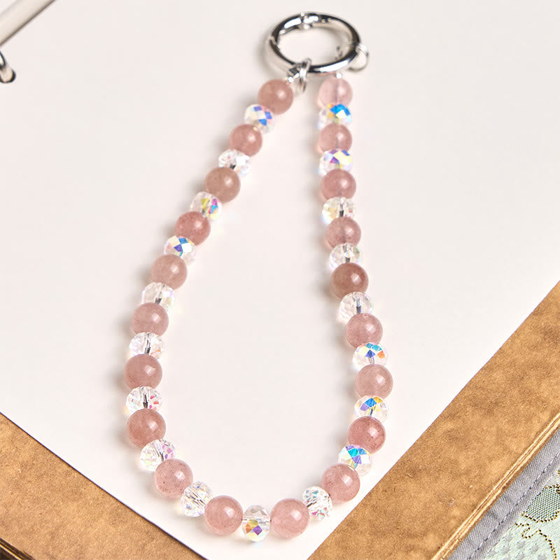 Natural Strawberry Quartz Beaded Phone Charm and Keychain Accessory