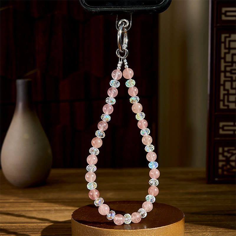 Natural Strawberry Quartz Beaded Phone Charm and Keychain Accessory