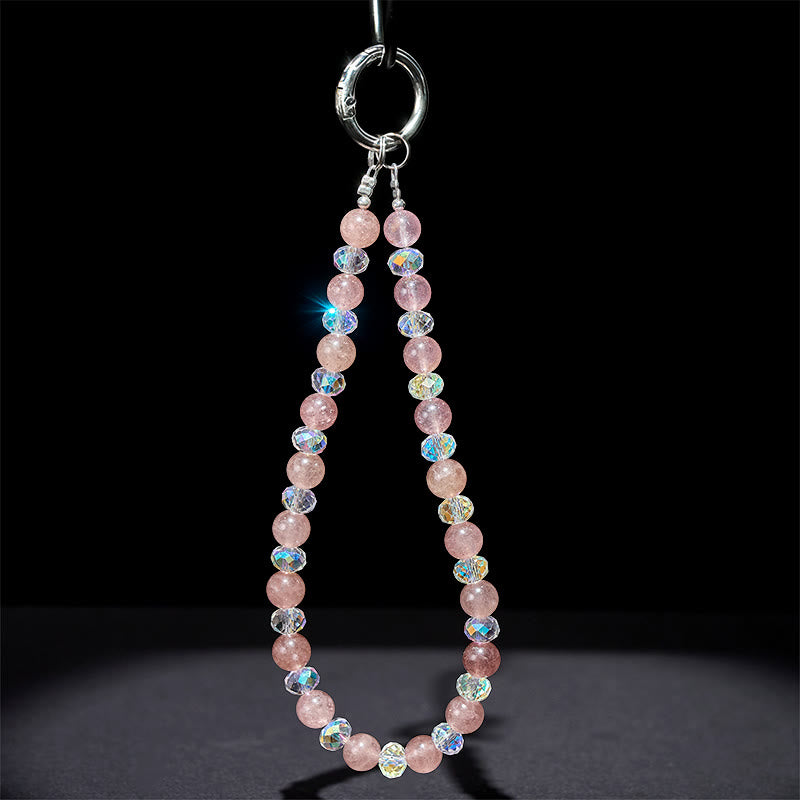 Natural Strawberry Quartz Beaded Phone Charm and Keychain Accessory