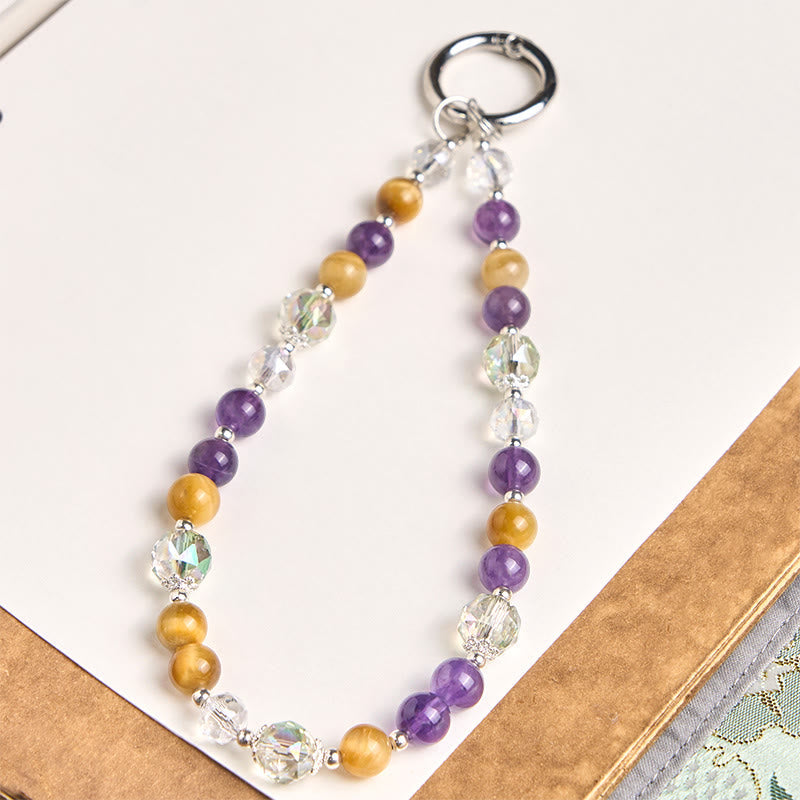 Golden Tiger Eye and Amethyst Beaded Energy Keychain & Phone Hanging Decoration