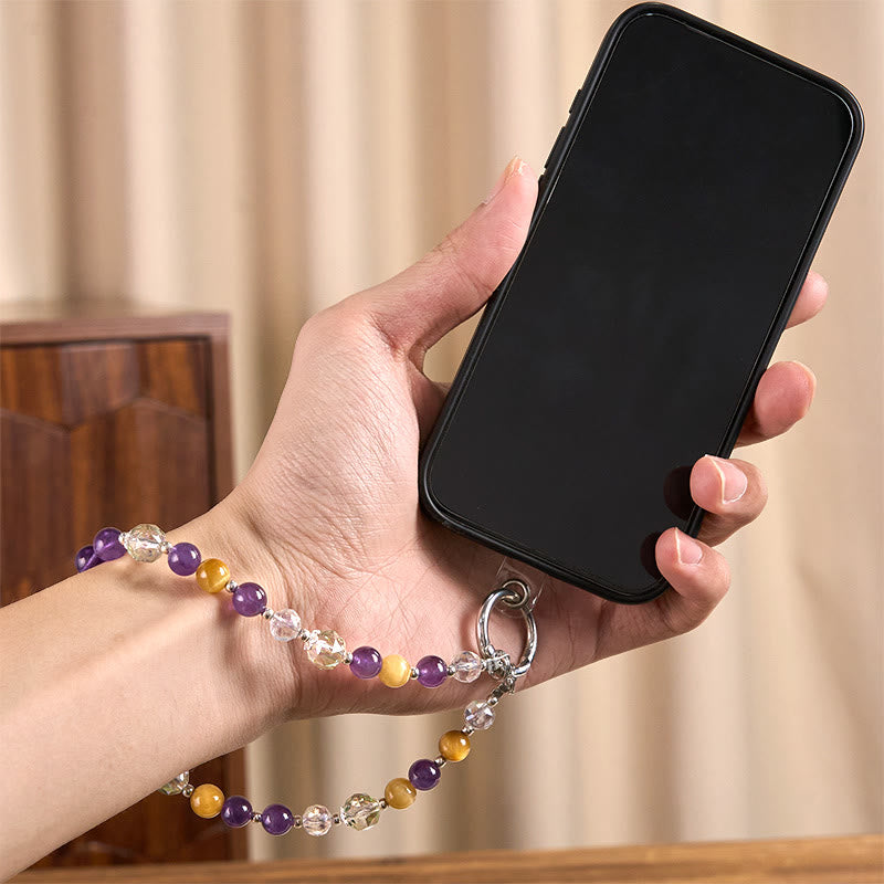 Golden Tiger Eye and Amethyst Beaded Energy Keychain & Phone Hanging Decoration
