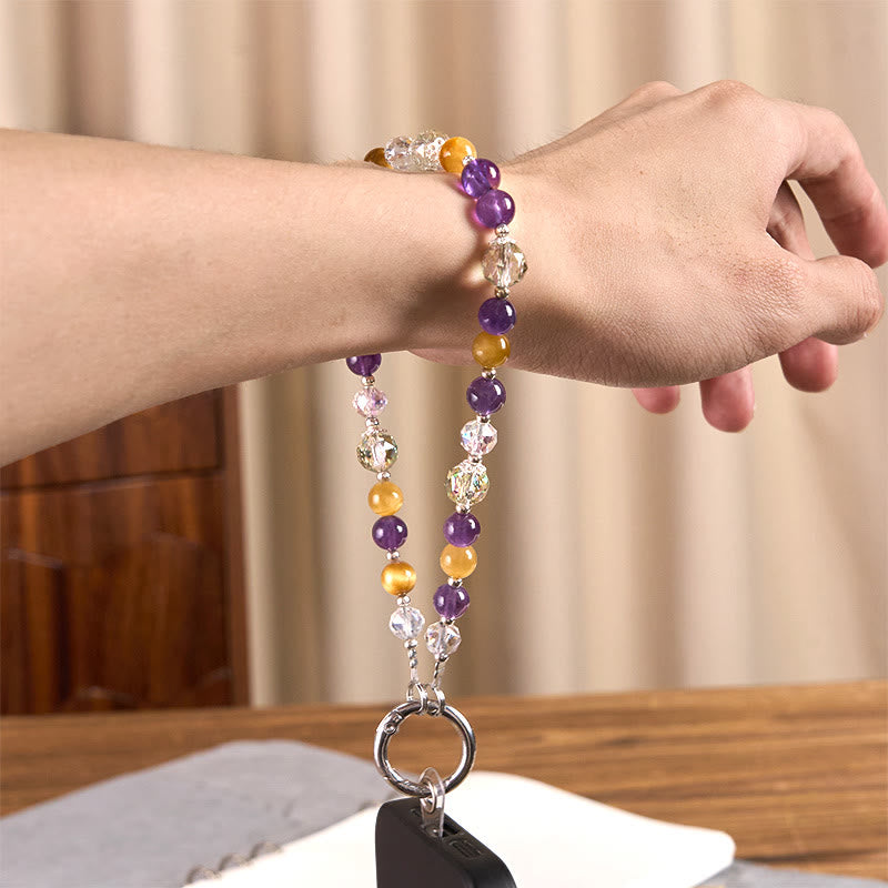 Golden Tiger Eye and Amethyst Beaded Energy Keychain & Phone Hanging Decoration