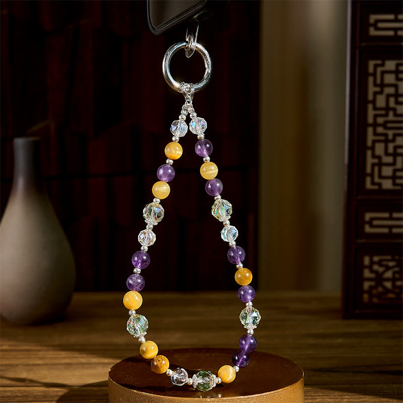Golden Tiger Eye and Amethyst Beaded Energy Keychain & Phone Hanging Decoration
