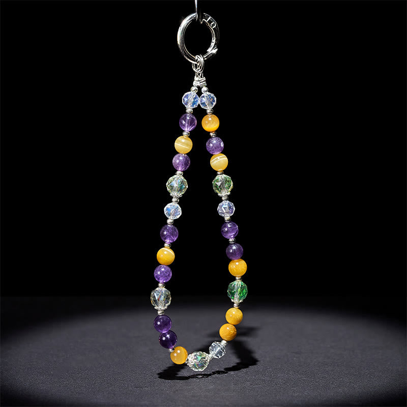 Golden Tiger Eye and Amethyst Beaded Energy Keychain & Phone Hanging Decoration