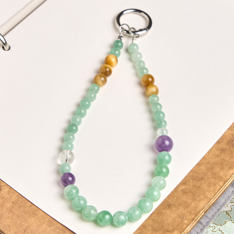 Multi-Gemstone Beaded Jade Tiger Eye Amethyst and Clear Quartz Phone Hanging Keychain