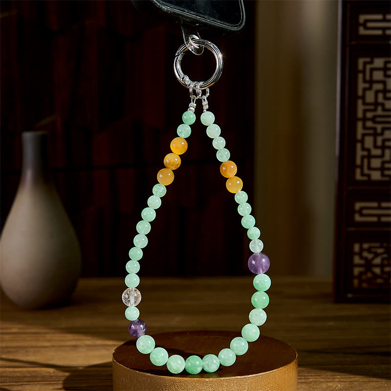 Multi-Gemstone Beaded Jade Tiger Eye Amethyst and Clear Quartz Phone Hanging Keychain