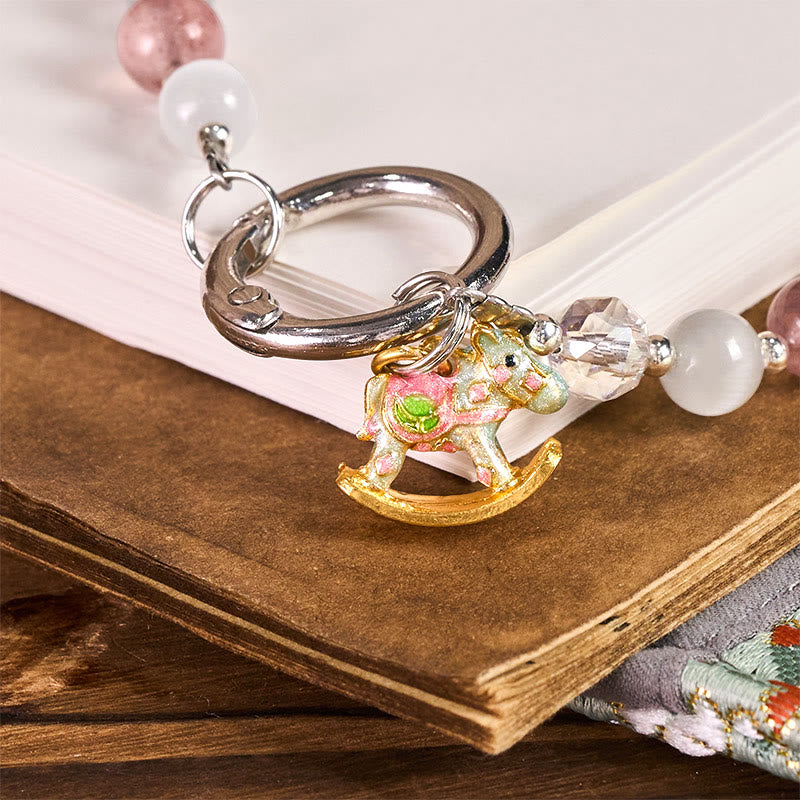 Year of the Horse Strawberry Quartz White Cat's Eye Key Chain Phone Hanging Decoration