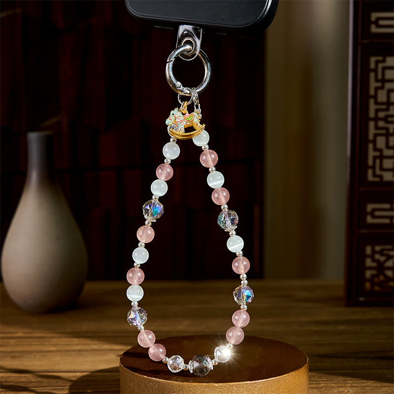 Strawberry Quartz & Cat's Eye Horse Charm Keychain & Phone Hanging Decor