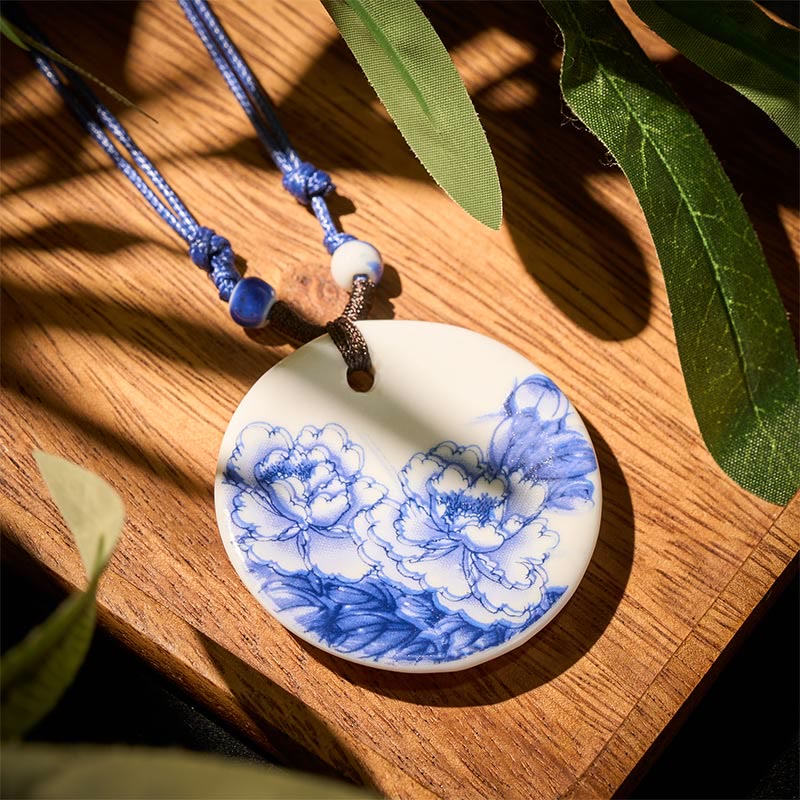 Ethnic Peony Peach Blossoms Lotus Symbol Ceramics Necklace Enlightenment Pendant
