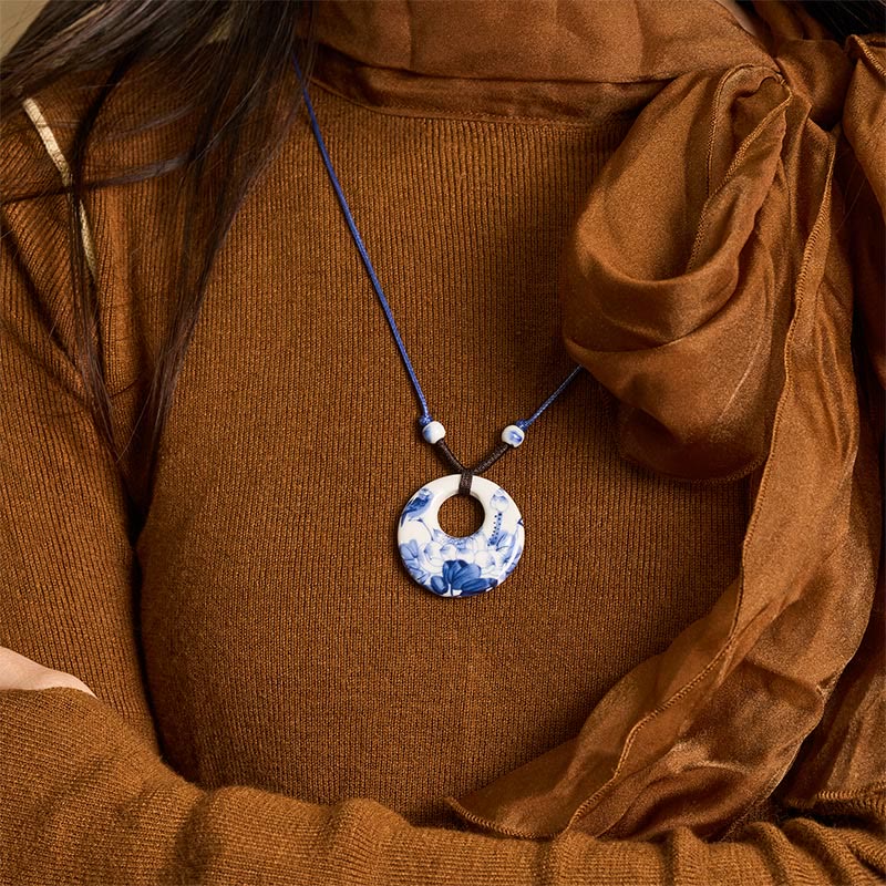Ethnic Peony Peach Blossoms Lotus Symbol Ceramics Necklace Enlightenment Pendant