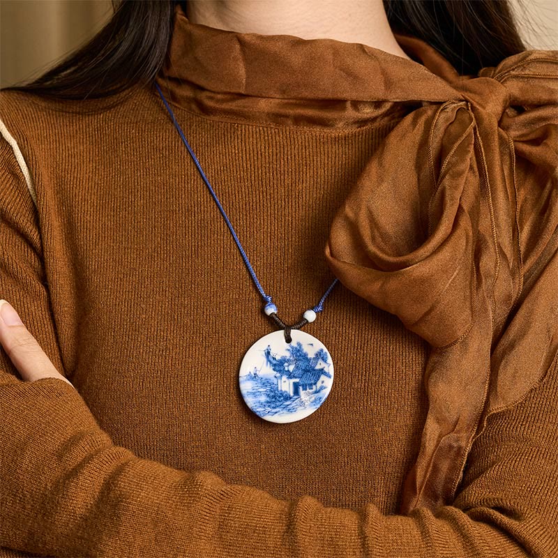 Ethnic Peony Peach Blossoms Lotus Symbol Ceramics Necklace Enlightenment Pendant