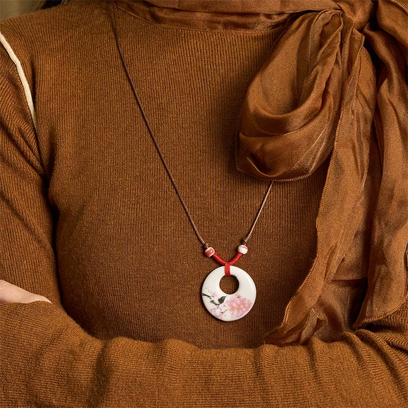 Ethnic Peony Peach Blossoms Lotus Symbol Ceramics Necklace Enlightenment Pendant