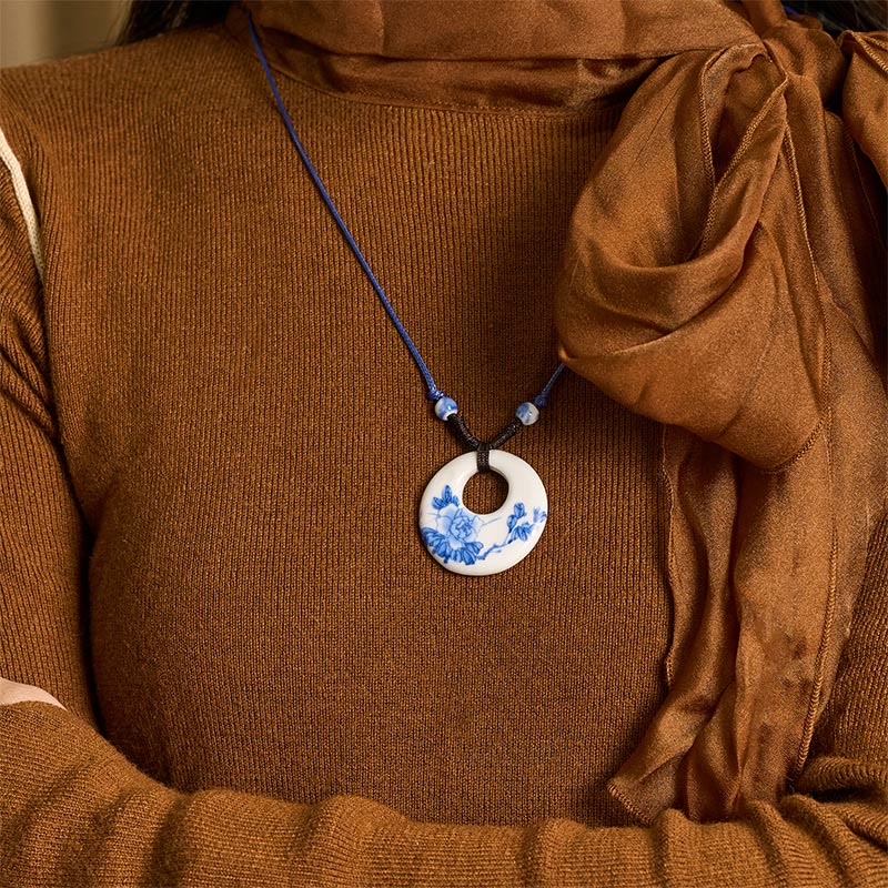 Ethnic Peony Peach Blossoms Lotus Symbol Ceramics Necklace Enlightenment Pendant