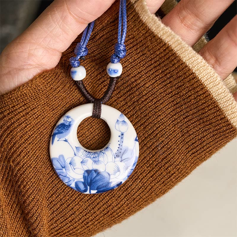 Ethnic Peony Peach Blossoms Lotus Symbol Ceramics Necklace Enlightenment Pendant