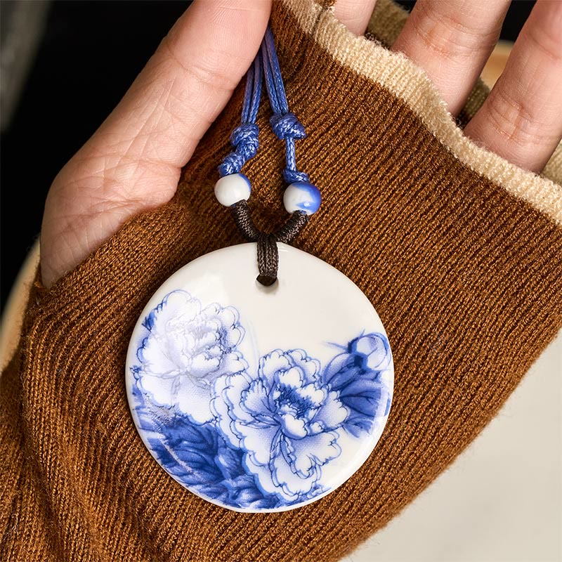 Ethnic Peony Peach Blossoms Lotus Symbol Ceramics Necklace Enlightenment Pendant