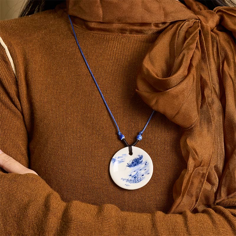 Ethnic Peony Peach Blossoms Lotus Symbol Ceramics Necklace Enlightenment Pendant