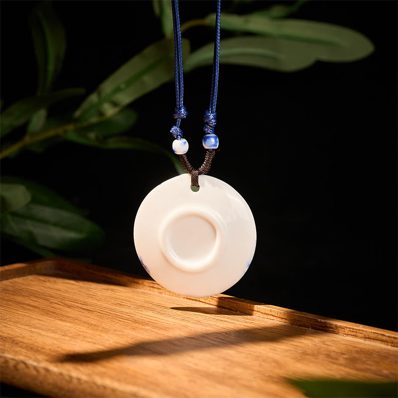 Ethnic Peony Peach Blossoms Lotus Symbol Ceramics Necklace Enlightenment Pendant