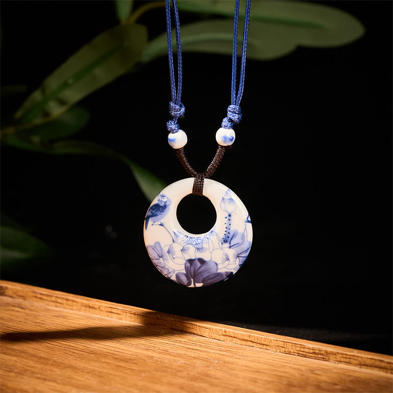 Ethnic Peony Peach Blossoms Lotus Symbol Ceramics Necklace Enlightenment Pendant