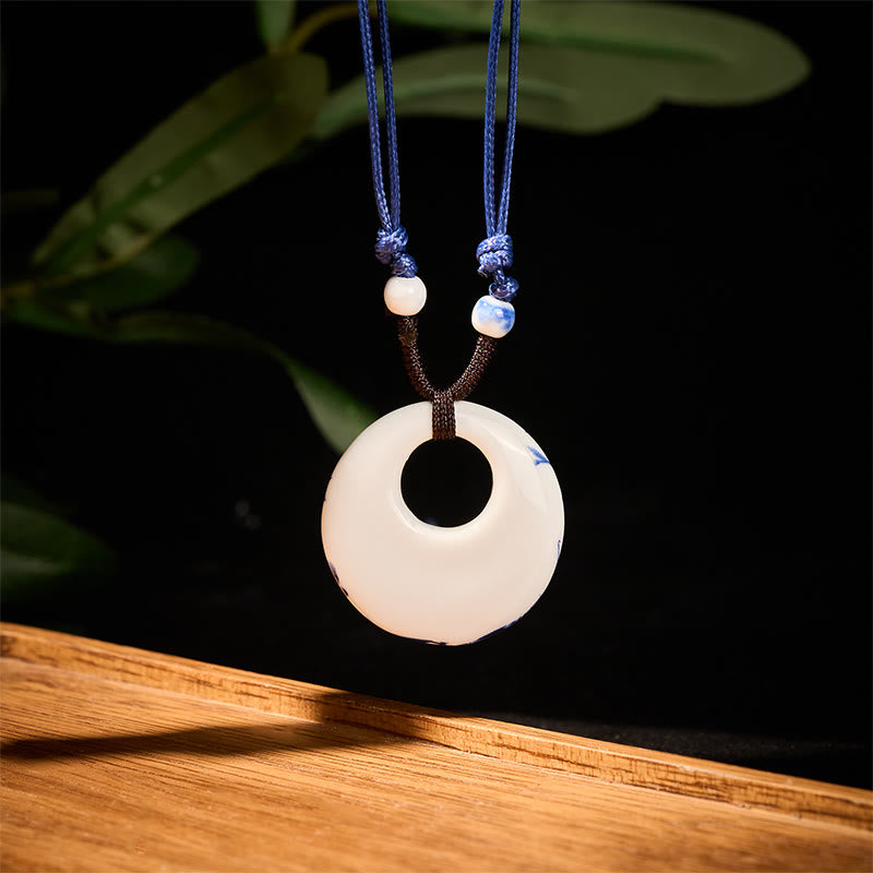 Ethnic Peony Peach Blossoms Lotus Symbol Ceramics Necklace Enlightenment Pendant