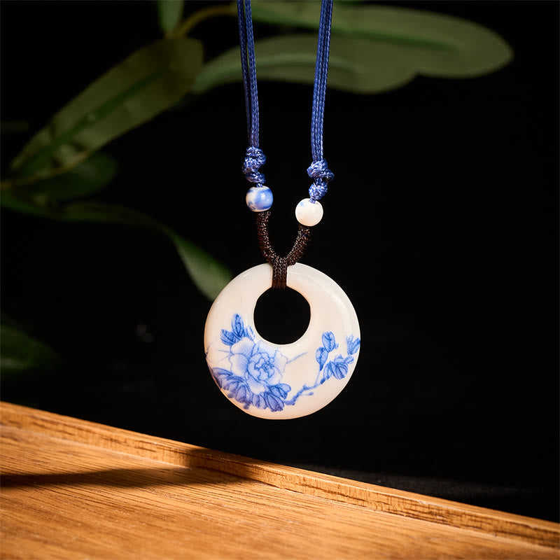Ethnic Peony Peach Blossoms Lotus Symbol Ceramics Necklace Enlightenment Pendant