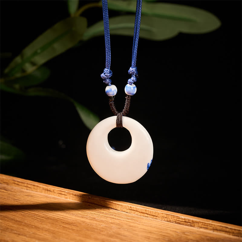 Ethnic Peony Peach Blossoms Lotus Symbol Ceramics Necklace Enlightenment Pendant