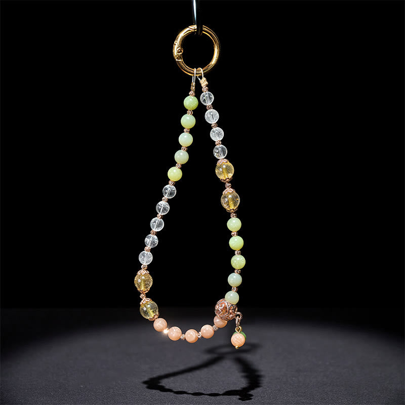 Harmony Beads Cyan Jade Peach Moonstone Citrine & Clear Quartz Phone Hanging Decoration