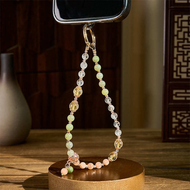 Harmony Beads Cyan Jade Peach Moonstone Citrine & Clear Quartz Phone Hanging Decoration