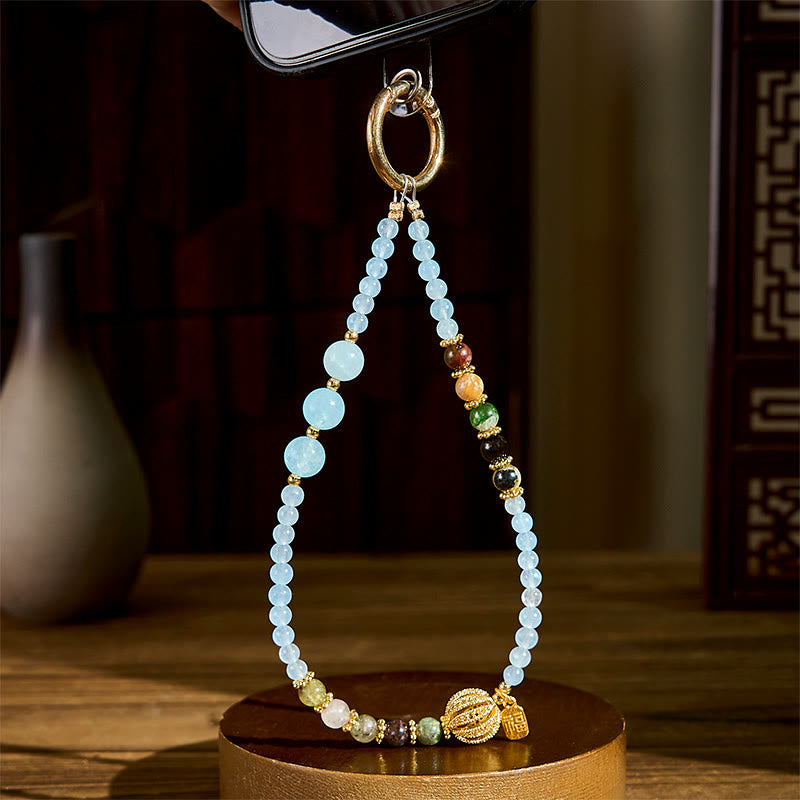 Blue Chalcedony & Tourmaline Fu Symbol Phone Hanging Accessory & Keychain