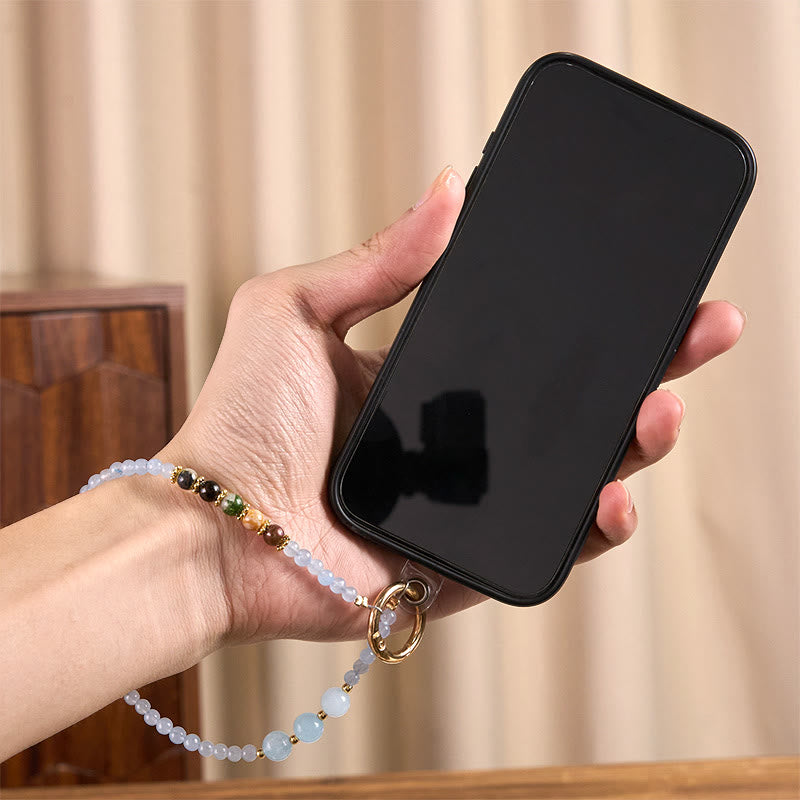 Blue Chalcedony & Tourmaline Fu Symbol Phone Hanging Accessory & Keychain