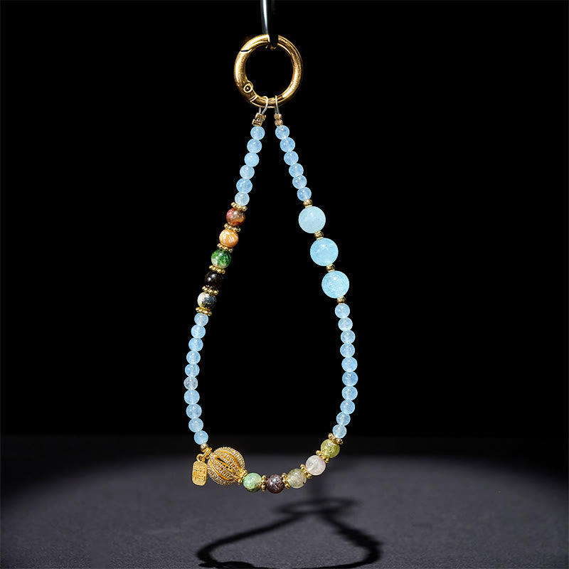 Blue Chalcedony & Tourmaline Fu Symbol Phone Hanging Accessory & Keychain