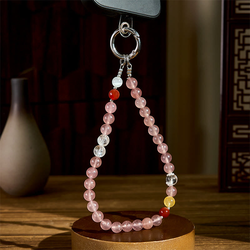 8mm Multi-Stone Strawberry Quartz, Citrine & Agate Beaded Phone Charm Keychain