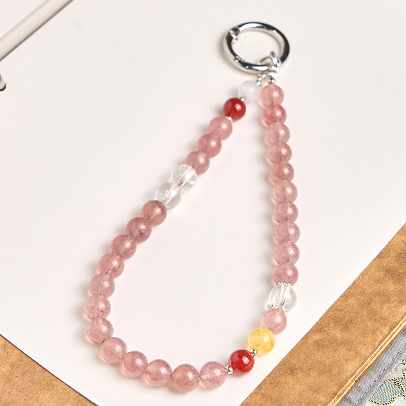 8mm Multi-Stone Strawberry Quartz, Citrine & Agate Beaded Phone Charm Keychain