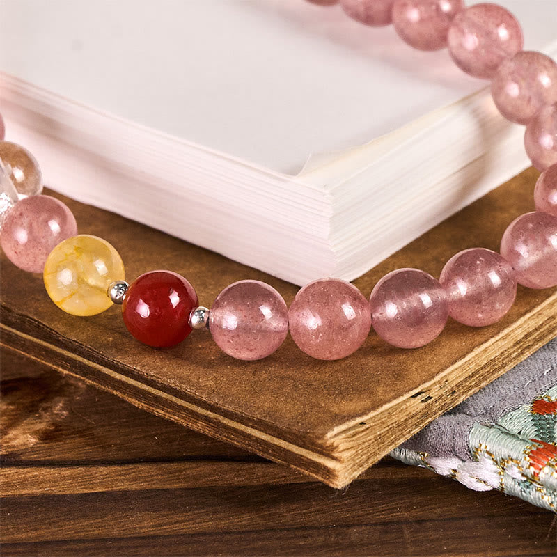 8mm Multi-Stone Strawberry Quartz, Citrine & Agate Beaded Phone Charm Keychain