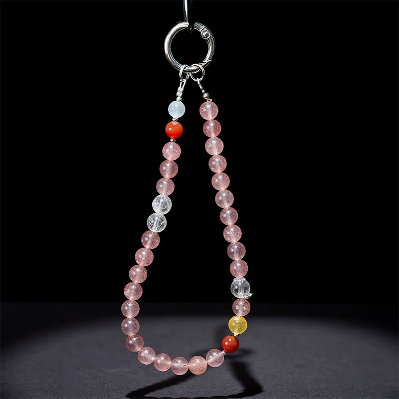 8mm Multi-Stone Strawberry Quartz, Citrine & Agate Beaded Phone Charm Keychain