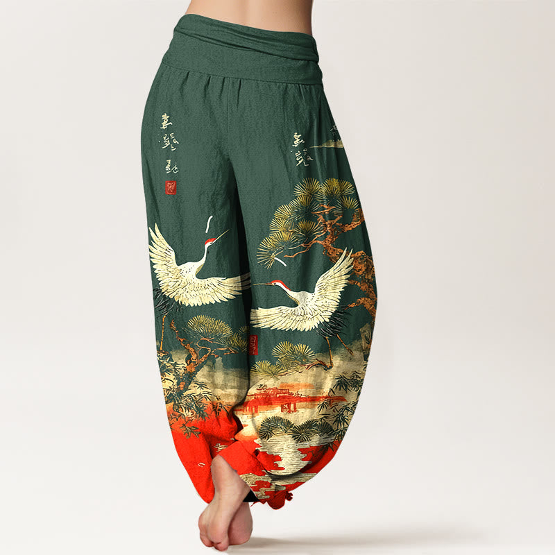 Pure Cotton Crane Print Harem Pants with Flexible Modal Waistband
