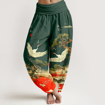 Pure Cotton Crane Print Harem Pants with Flexible Modal Waistband