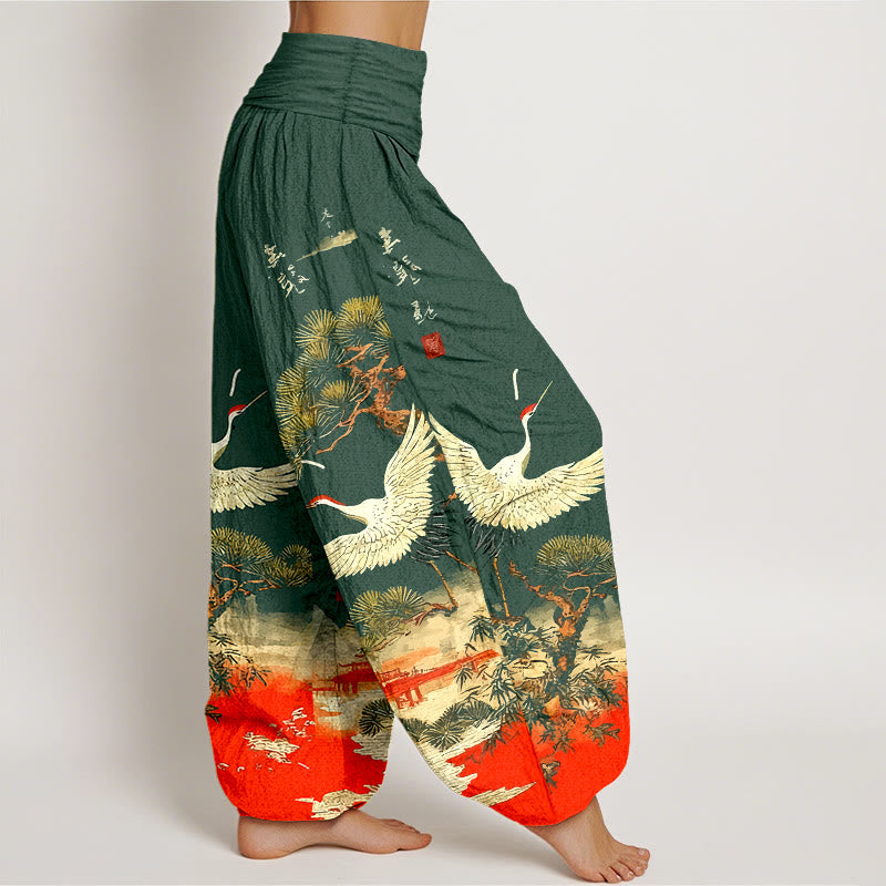 Pure Cotton Crane Print Harem Pants with Flexible Modal Waistband