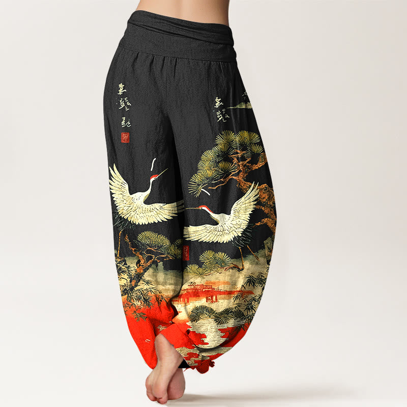 Pure Cotton Crane Print Harem Pants with Flexible Modal Waistband