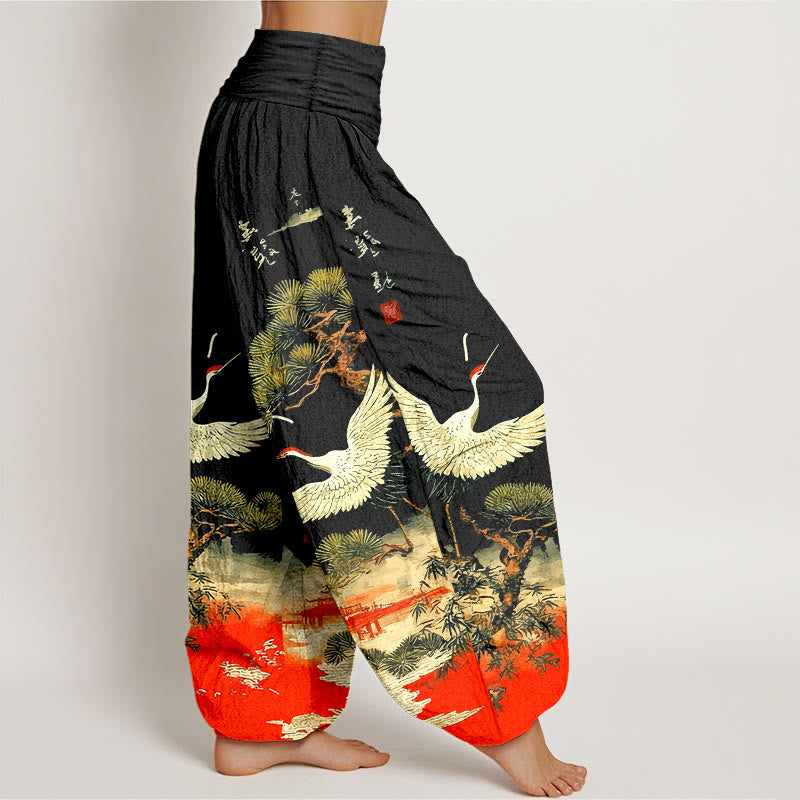 Pure Cotton Crane Print Harem Pants with Flexible Modal Waistband