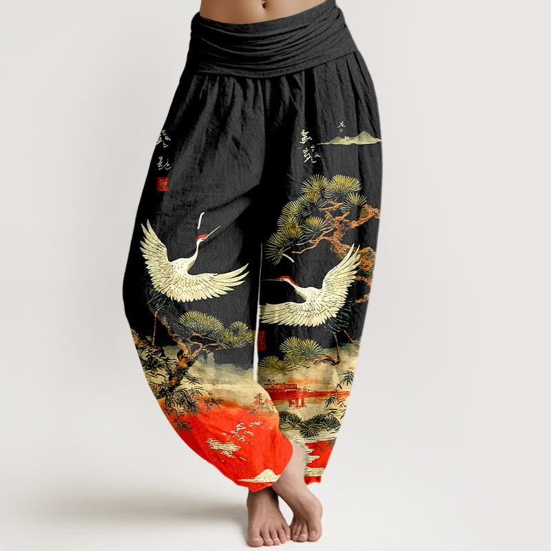 Pure Cotton Crane Print Harem Pants with Flexible Modal Waistband